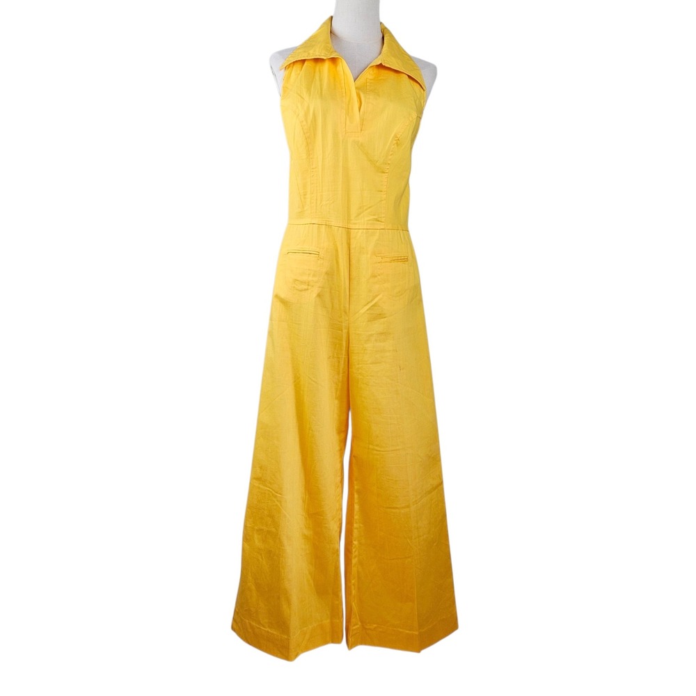 Vintage Wide Leg Halter‎ Jumpsuit Sz XS S Yellow Open Back